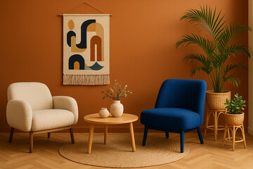 A contemporary living room interior features blue sofa and armchair, complemented by a stylish lamp and comfortable decor