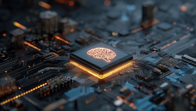 Glowing Brain Symbol on Microchip, Representing Artificial Intelligence and Technological Advancement for Digital Transformation and Innovation : Generative AI