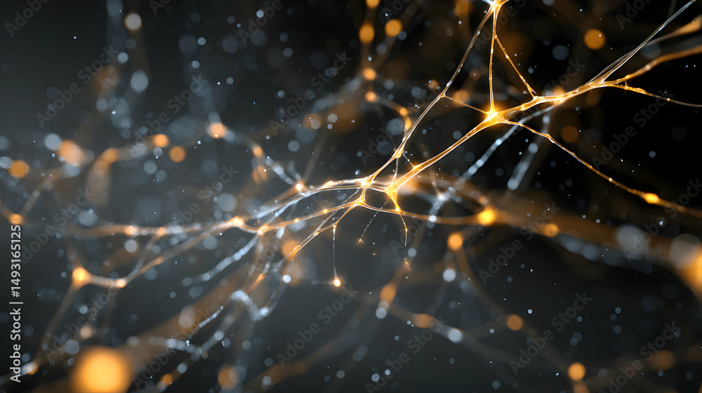 Poster interconnected network abstract representation with glowing nodes on a dark background design
