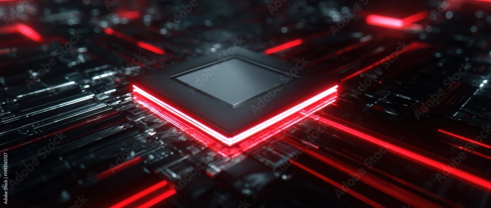 Poster futuristic microchip with red neon glow, illustrating innovation and technological advancement in th