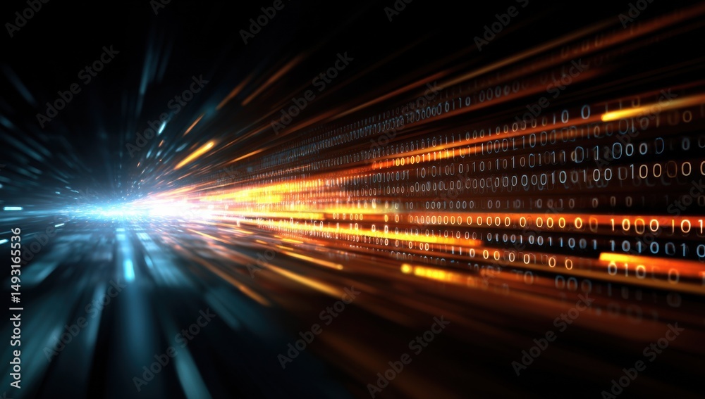 Fototapete Streaks of Binary Code and Light Trails, Illustrating Data Flow and Digital Transformation in a High-Tech Environment for Innovation : Generative AI