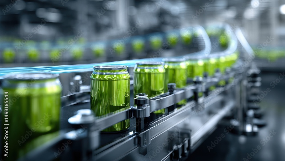 Aufkleber green cans on conveyor belt in factory, depicting automated production and supply chain efficiency :