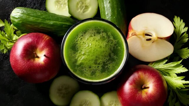 Fresh and healthy green juice with apple, cucumber, and celery for refreshing drink