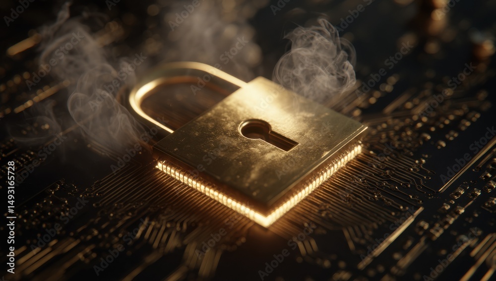 Poster Golden Padlock on Circuit Board With Smoke, Illustrating Cybersecurity and Data Protection for Digital Transformation Initiatives : Generative AI