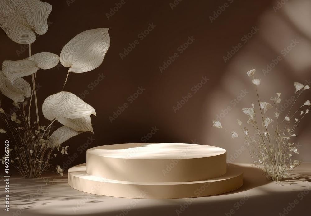 Poster minimalist podium with brown background and botanical elements, ideal for product presentation and e