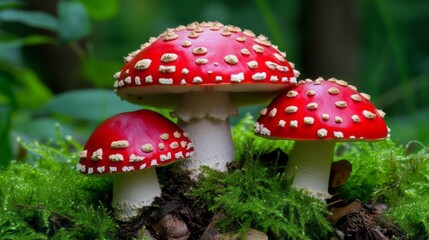 Fototapeta premium Vibrant Red Toadstool Mushrooms on Green Moss in a Lush Forest Setting