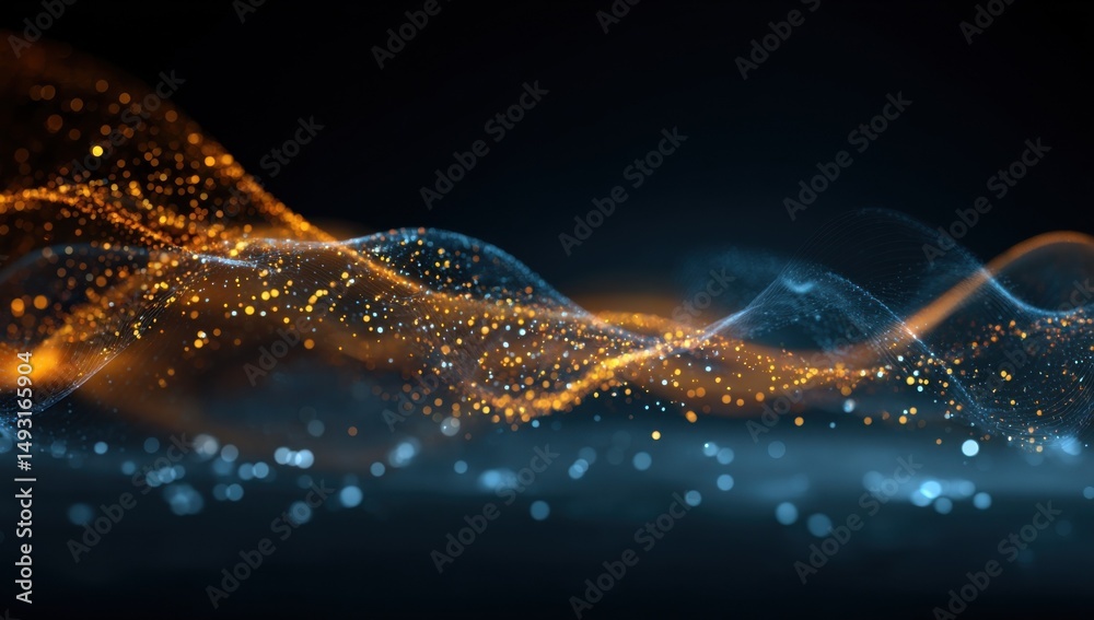 Aufkleber abstract wave of golden and blue particles on dark background, representing innovation and technolog