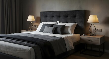 bedroom,  interior design,  modern, Modern Bedroom Interior Design with Dark Grey Bed and Nightstands