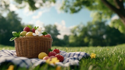 Fresh Fruit Basket on Picnic Blanket in Sunny Park with Blooms and Green Grass
