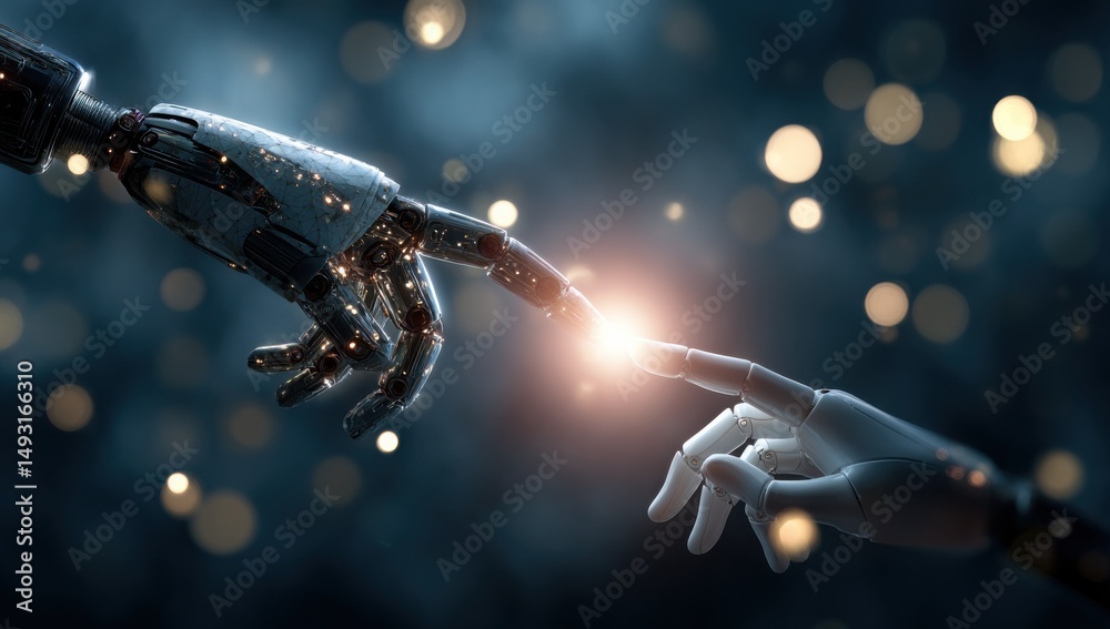 Poster Robot Hands Touching Fingers in Dark Futuristic Scene, Symbolizing Artificial Intelligence and Technological Innovation for Digital Transformation : Generative AI