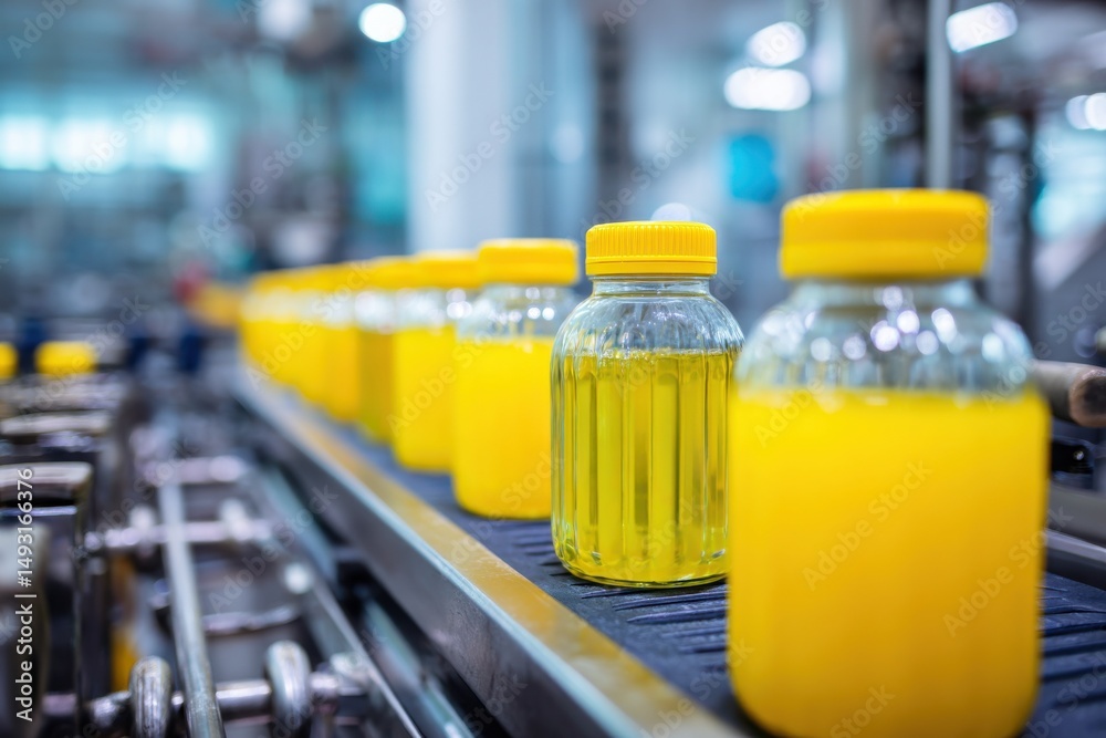 Poster bottles filled with yellow liquid on conveyor belt in factory, representing manufacturing process an