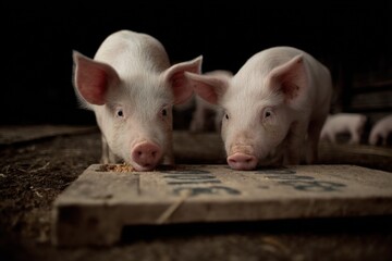 Two Curious Piglets Eating From a Trough on a Farm, Showcasing Animal Welfare and Sustainable Agriculture Practices, With Focus on Ethical Farming : Generative AI
