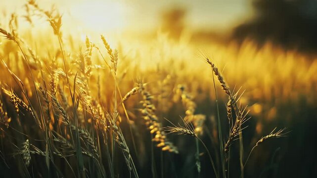 Close up on golden wheat field glows warmly in soft light of golden hour waves slowly on a wind - essence of late summer.