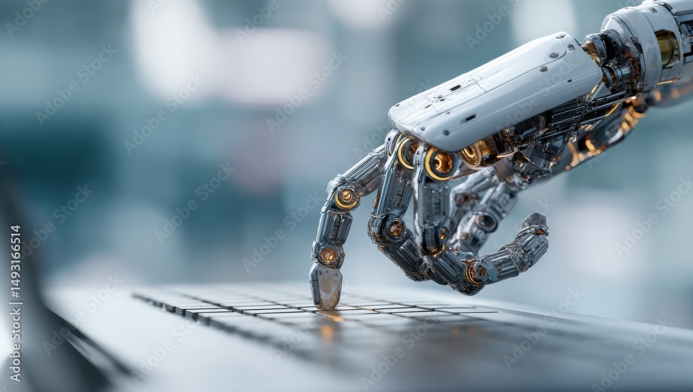 Fototapete Robotic Hand Typing on Laptop Keyboard, Representing Artificial Intelligence, Automation, and Technological Advancement in Business : Generative AI