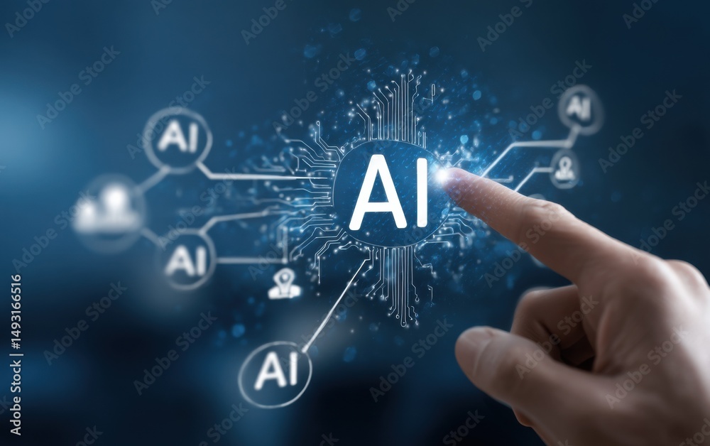 Fototapete Finger Touching AI Symbol on Digital Interface, Representing Technological Innovation and Artificial Intelligence Solutions for Business Transformation : Generative AI
