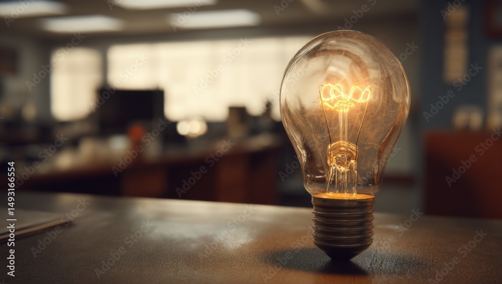 Aufkleber Glowing Lightbulb on Desk in Office Environment, Symbolizing Innovation and Creative Problem Solving for Business Solutions and Brainstorming : Generative AI