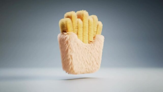 A playful, furry representation of french fries in a carton rotates. Suited for quirky food-related advertising or fun, unconventional digital art projects. Pure visual fun. 4k 60 fps.