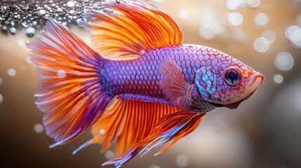 Beautiful betta fish with rich purple and red fins flowing elegantly on cream background.