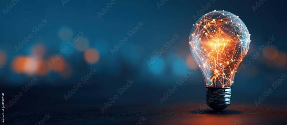 Poster glowing lightbulb filled with network connections on dark background, symbolizing innovation and dig