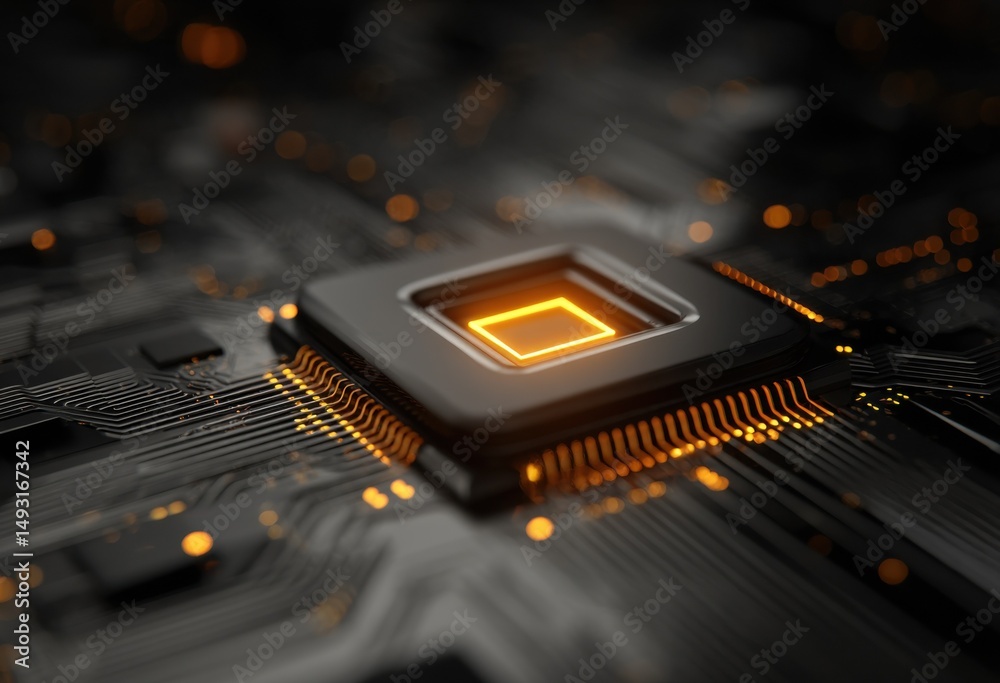 Poster Glowing Microchip on Circuit Board Representing Technological Advancement and Digital Transformation, Ideal for Electronics Industry Marketing and Innovation Concepts : Generative AI