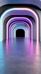 Obraz premium A highly detailed vertical sci-fi tunnel glowing with vibrant neon blue and purple lights, dramatic reflections and shadows create a futuristic and cinematic mood in ultra-high resolution. 