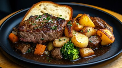 Delicious British Beef Stew with Vegetables and Crusty Bread on a Black Plate Served Warm