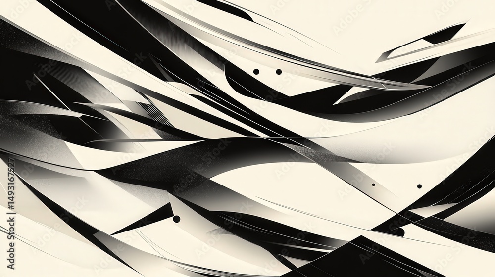 Poster overlapping polygons and curved lines in gradient tones, creating a sense of motion and flow within 