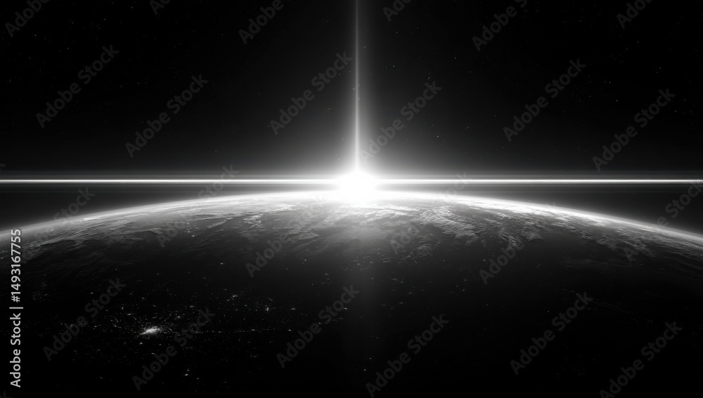 Poster monochrome earth from space with glowing horizon, representing global connectivity and technological
