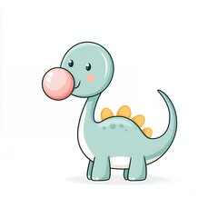 Fototapeta premium Adorable Cartoon Dinosaur Blowing a Pink Bubble Gum Bubble on White Background