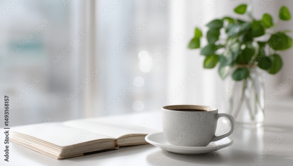 Poster coffee cup and open book on white table by window, representing morning routine and relaxation for m