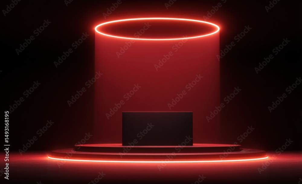 Poster Illuminated Product Display Stand With Red Neon Lights, Ideal for Product Presentation and Technology Showcase, Creating a Futuristic Atmosphere : Generative AI