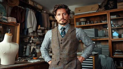 Stylish tailor posing in workshop with vintage tools