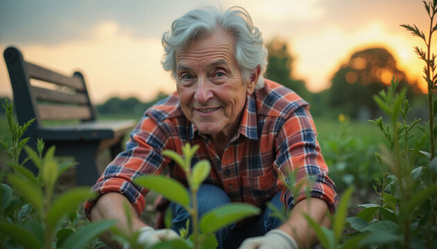 Elderly person smiling while pulling weeds in community garden, growth