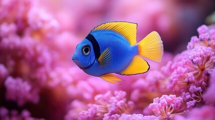 Blue tang fish with bright yellow fins glides peacefully on soft light purple background.