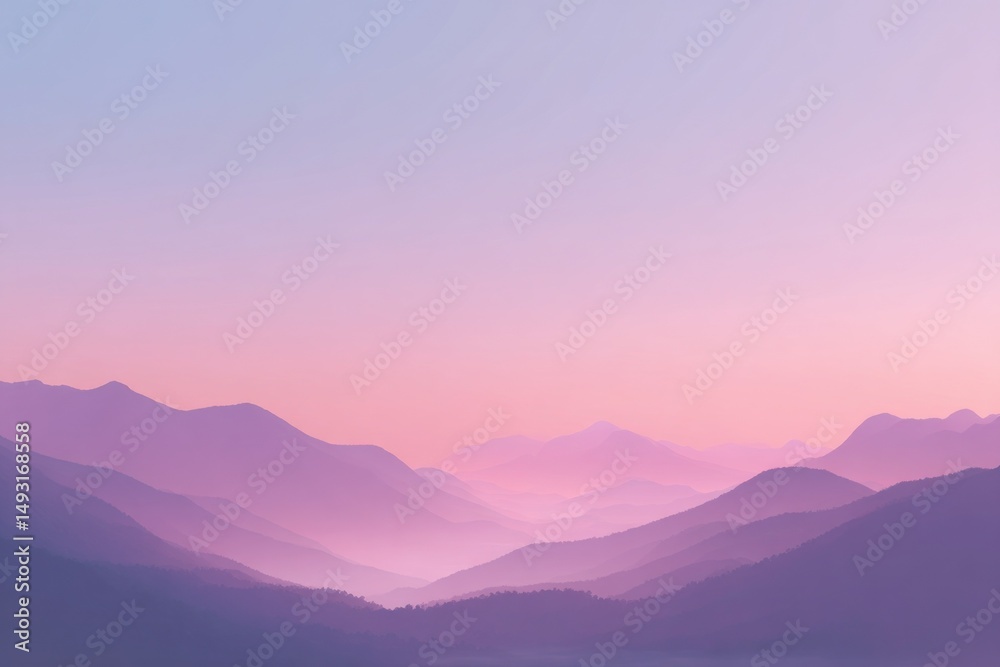 Poster layers of mountain ridges at sunset in pastel hues, evoking tranquility and representing serene esca