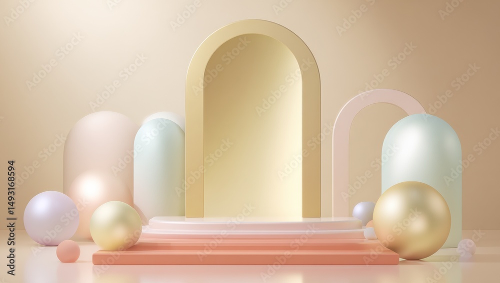 Poster abstract geometric shapes in pastel colors and golden archway, ideal for product showcase and modern
