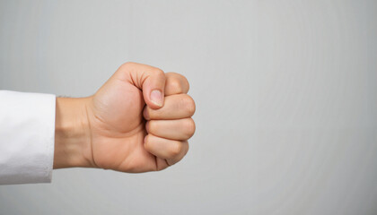 Celebratory fist pump gesture in neutral studio, positive energy, copy space