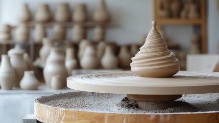 pottery making machine displayed in a contemporary studio, with a partially formed clay sculpture resting on its spinning wheel