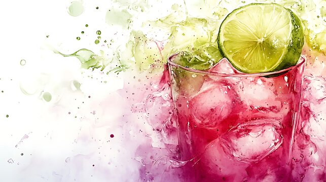 Artistic watercolor of cosmopolitan, extreme close-up of lime twist and pink surface, glowing tones, minimalistic white backdrop, delicate shadows, light ink accents, hd quality, natural look.