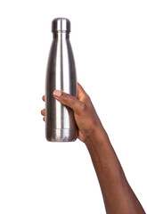 Man holding a metal bottle or a thermos  isolated on white background