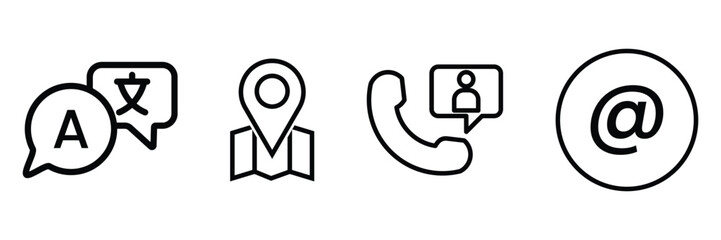 Contact icon set with communication symbols in minimal style vector illustration for website phone email support translation map user interface.
