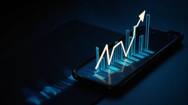 Glowing stock market graph on smartphone screen - financial growth concept