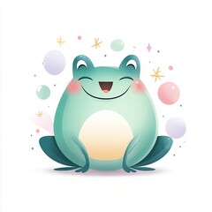 Fototapeta premium Happy Green Cartoon Frog with Pastel Bubbles on White Background