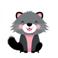 Naklejka premium Happy Grey Cartoon Cat with Pink Cheeks Sitting on White Background