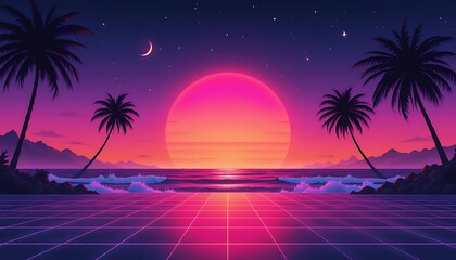 Fototapeta premium Retro Sunset Paradise: Palm Trees, Ocean Waves, and a Synthwave Vibe