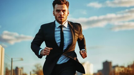 Businessman sprinting forward with determination in an urban setting. - Powered by Adobe