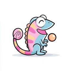 Fototapeta premium Playful Pink and Blue Cartoon Chameleon with Orange Ball