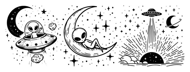 black and white alien and ufo illustrations in minimal space style