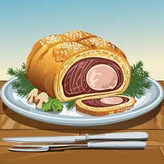 Perfectly cooked Beef Wellington sliced open, showing juicy medium-rare beef wrapped in golden puff pastry with mushroom duxelles, served on elegant plating with warm, natural lighting.