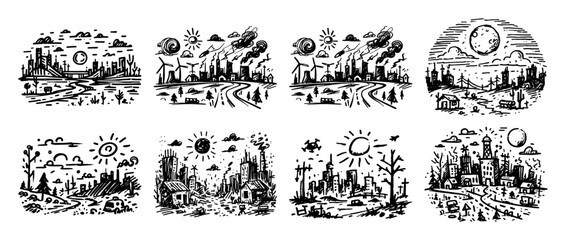 hand drawn fantasy town vector set with sun and moon in outline style